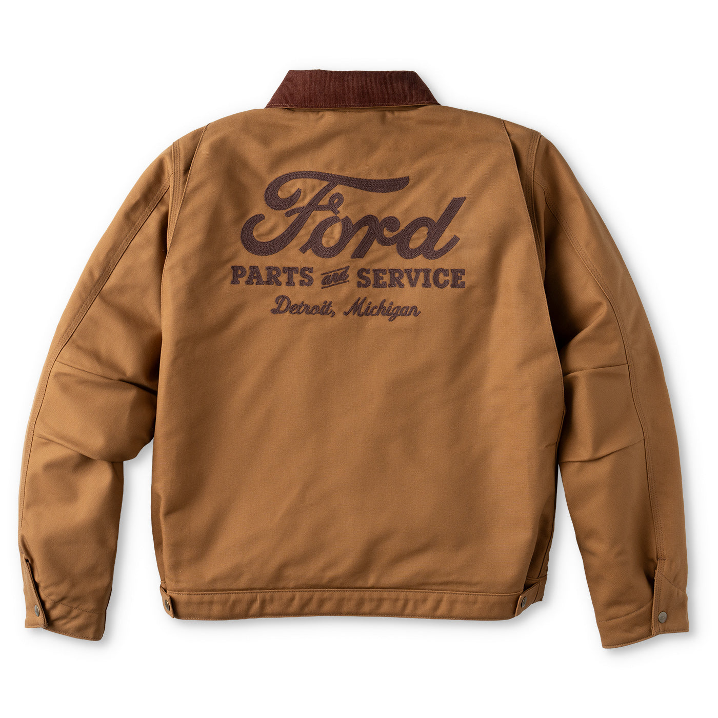 A brown jacket shown from the back, featuring a dark brown collar and a large 'Ford Parts of Service Detroit, Michigan' graphic printed across the upper back.